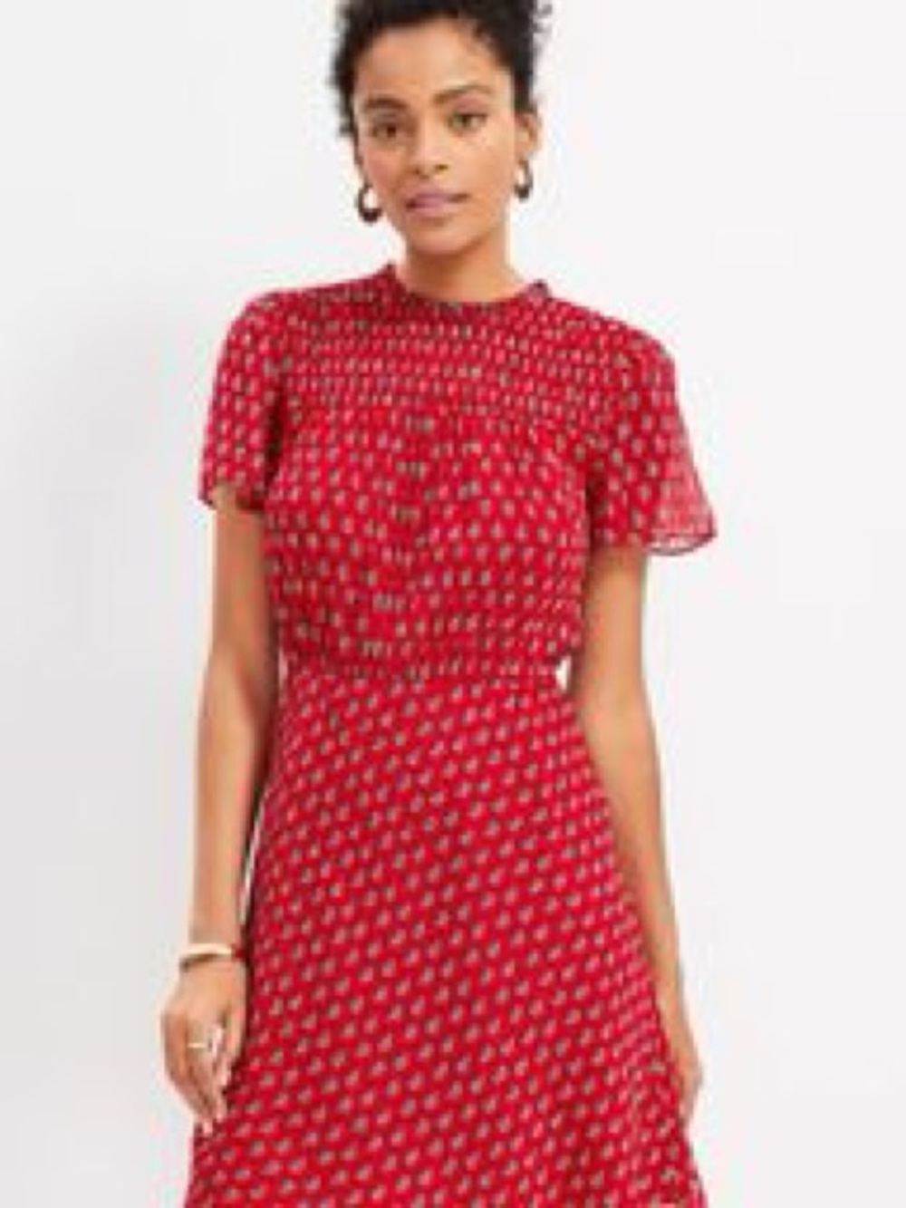 LOFT Red Printed Mini Dress with Flutter Sleeves, Pleated Shoulders, Zipper Back